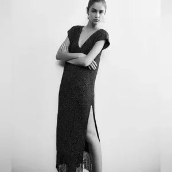 Women's Zara Knit Midi Metallic Black Silver V-Neck Dress Fringe Bottom Size S - Picture 7 of 14